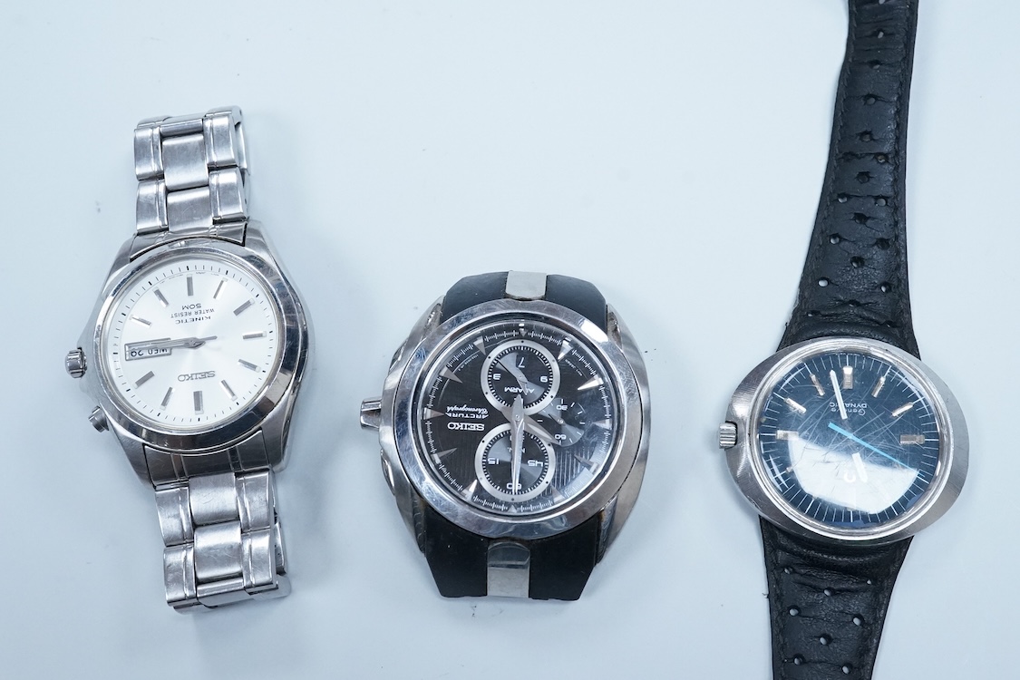 A gentleman's 1970's stainless steel Omega Dynamic manual wind wrist watch, with blue dial and baton numerals, case diameter 40mm, on a leather strap wit Omega buckle, together with a gentleman's Seiko Kinetic and a simi